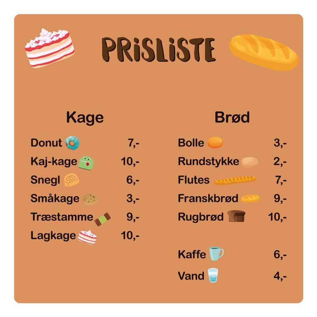 Skilteplade med Bagerens prisliste til legezonen, Bager. Perfekt til dagtilbuddet.