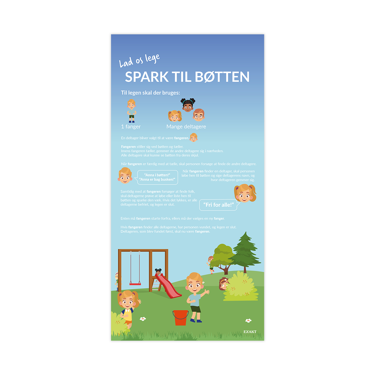 Legeplade med regler til legen spark til bøtten