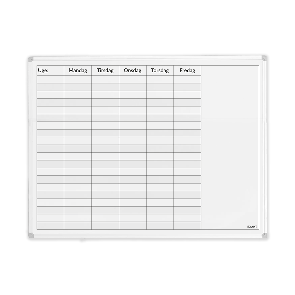 Whiteboard med ugeplan. Indeholder de fem hverdage.