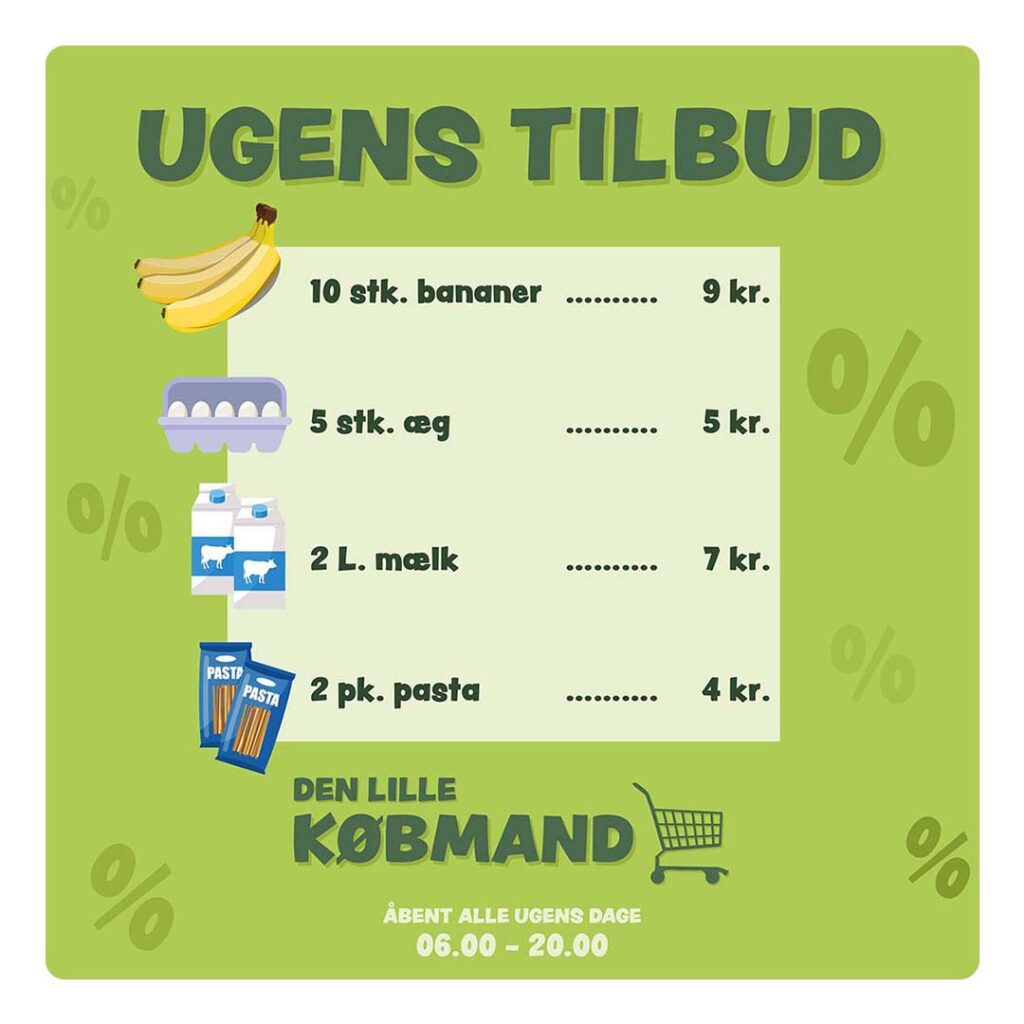 Skilteplade med ugens tilbud til legezonen, købmand. Perfekt til dagtilbuddet.